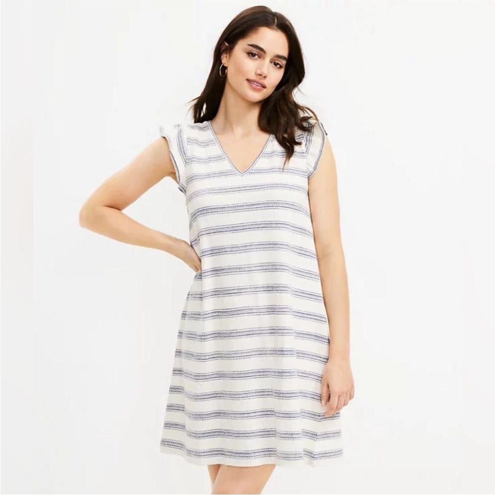 SALE Loft V-Neck Ruffle Sleeve Swing Dress in Cream and Blue Stripe